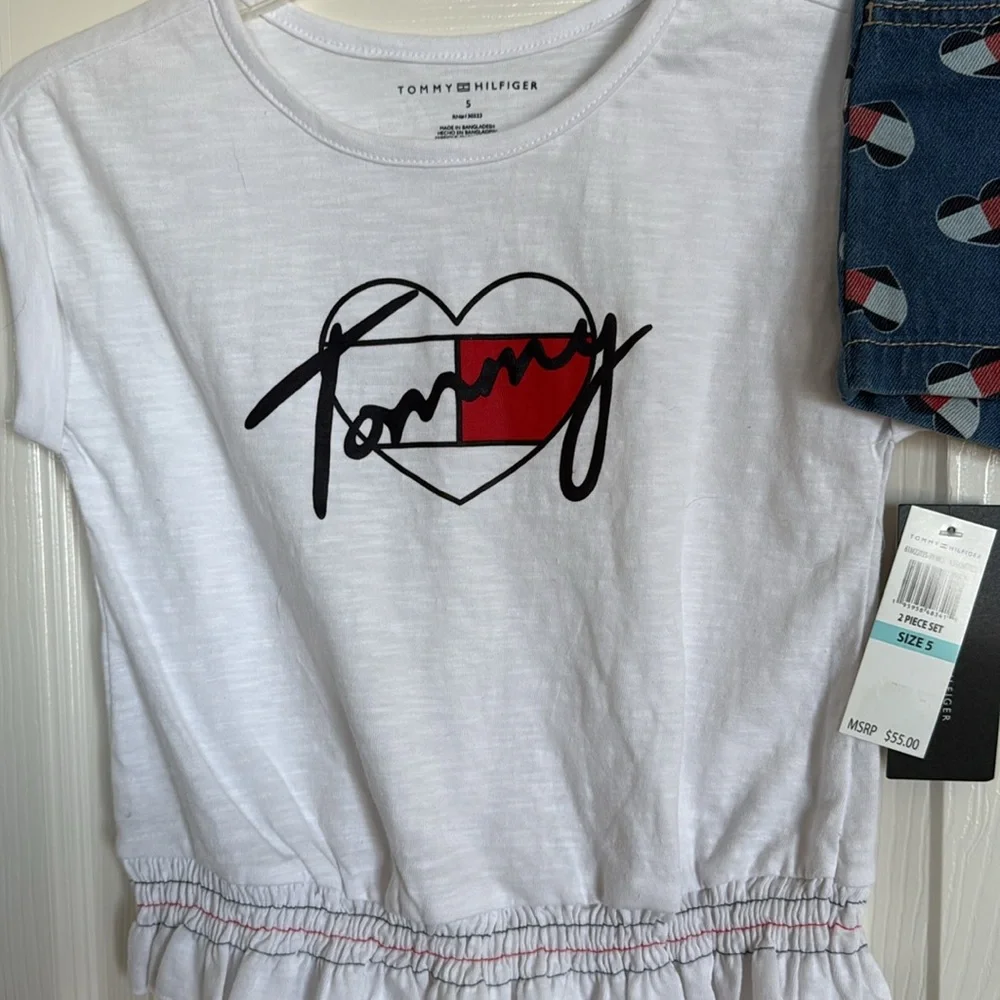 New! Tommy Hilfiger Heart Logo Tee and Patterned Denim Shorts, Size 5T